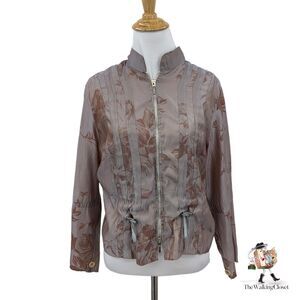Deca Paris Metallic Jacket Womens S Small Pink Floral Print Zip Up Toggle Detail